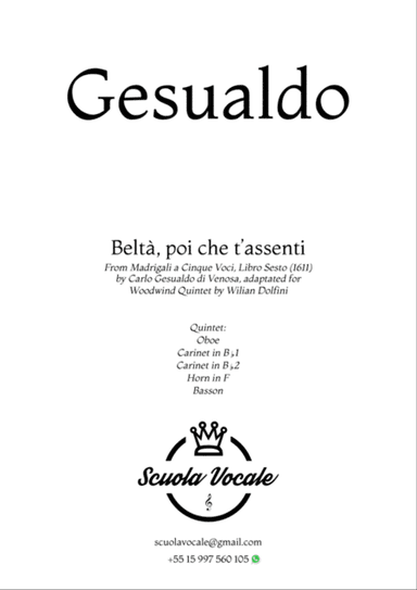 BeltĂ , poi che t'assenti - for Woodwind Quintet