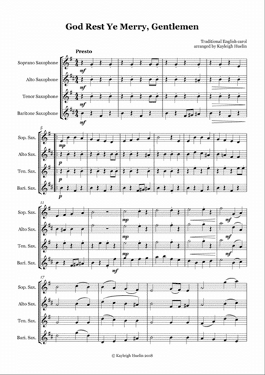 God Rest Ye Merry Gentlemen - Saxophone quartet (SATB)