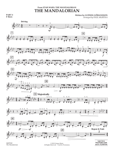 The Mandalorian (from Star Wars: The Mandalorian) (arr Paul Murtha) - Pt.4 - F Horn