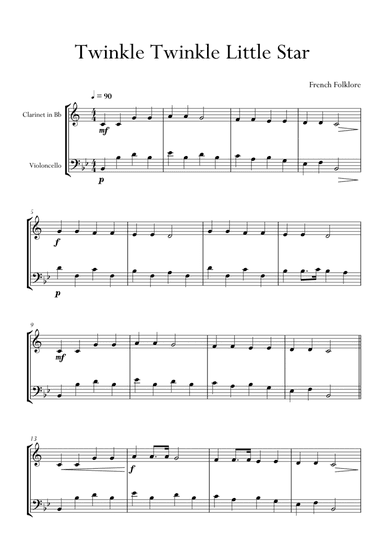 Twinkle Twinkle Little Star in Bb Major for Clarinet and Cello (Violoncello) Duo. Easy version.