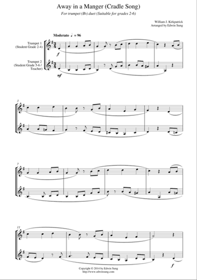 Away in a Manger (Cradle Song) (for trumpet (Bb) duet, suitable for grades 2-6)