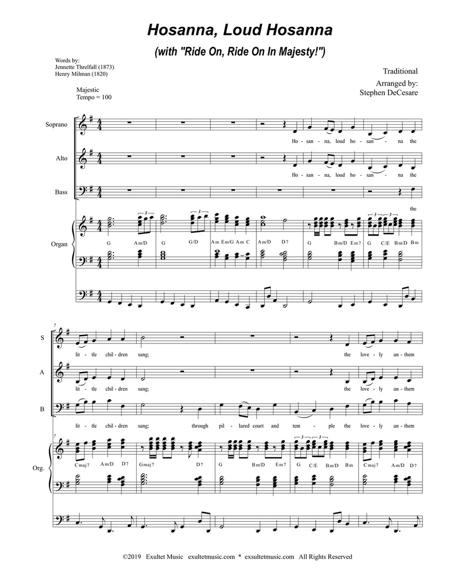 Hosanna, Loud Hosanna (with "Ride On, Ride On In Majesty!") (SAB - Organ accompaniment)