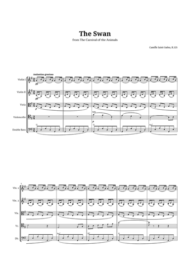 The Swan by Saint-Saƫns for String Quintet with Chords