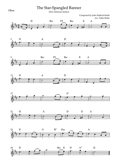 The Star Spangled Banner (USA National Anthem) for Oboe Solo with Chords (D Major)