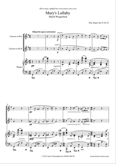 Mary's Lullaby, or Maria Wiegenlied - 2 Clarinets and Piano
