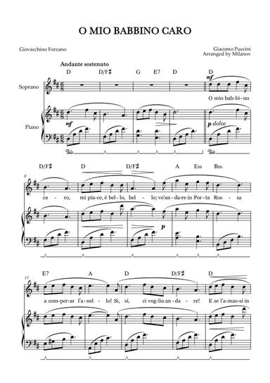 O Mio Babbino Caro | Female Voice Soprano | D Major | Piano accompaniment | Pedal | Chords