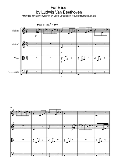Beethoven: Fur Elise for String Quartet - Score and Parts