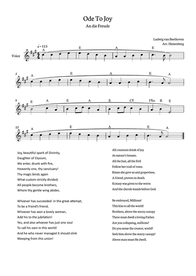 Beethoven - Ode To Joy for voice with chords in A (Lyrics in English)