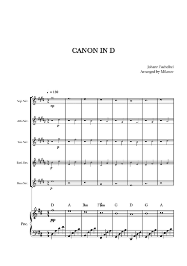 Canon in D | Pachelbel | Saxophone Quintet | Piano accompaniment