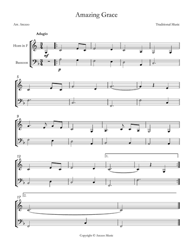 John Newton Amazing Grace Easy French Horn and Bassoon Sheet Music F major
