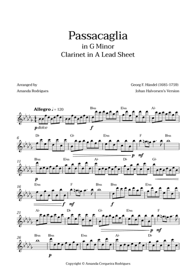 Passacaglia - Easy Clarinet in A Lead Sheet in Gm Minor (Johan Halvorsen's Version)