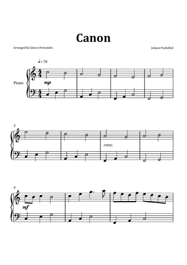 Canon by Pachelbel - Easy/Intermediate Piano Solo in C