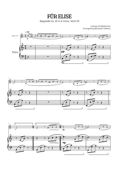 Beethoven • Für Elise / Pour Elise • french horn & piano sheet music