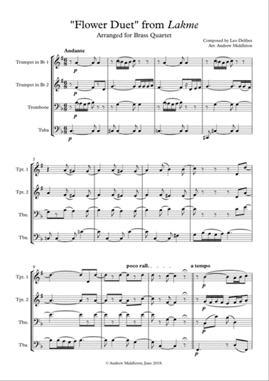 "Flower Duet" from Lake arranged for Brass Quartet