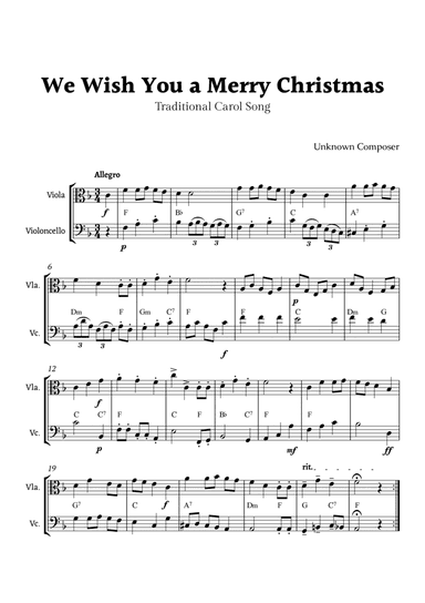 We Wish you a Merry Christmas for Viola and Cello Duet with Chords