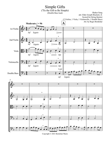 Simple Gifts ('Tis the Gift to Be Simple) (F) (String Quintet - 2 Violins, 1 Viola, 1 Cello, 1 Bass)