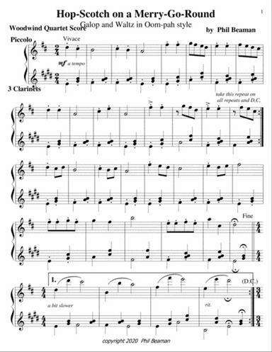 Hop-Scotch on a Merry-Go-Round, Galop and Waltz in Oom-pah style, woodwind quartet-piccolo, clarinet