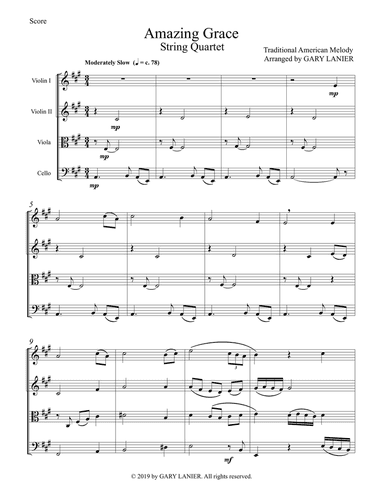 Amazing Grace (String Quartet - Violin 1 & 2, Viola and Cello - Score/Parts included)