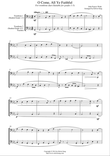 O Come, All Ye Faithful (for trombone duet, suitable for grades 1-5)