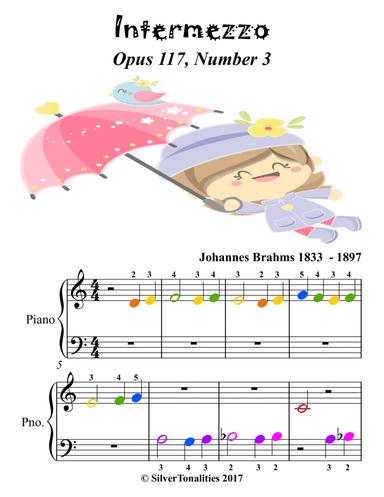Intermezzo Opus 117 Number 3 Beginner Piano Sheet Music with Colored Notes