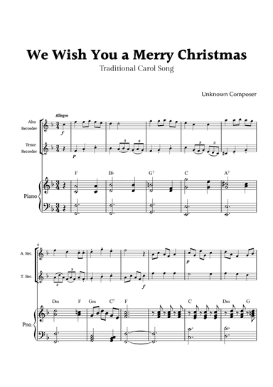 We Wish you a Merry Christmas for Recorder Duet with Piano