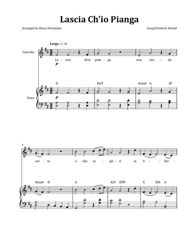 Lascia Ch'io Pianga by Händel - Contralto & Piano in D Major with Chord Notation