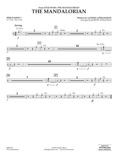 The Mandalorian (from Star Wars: The Mandalorian) (arr. Longfield) - Percussion 2