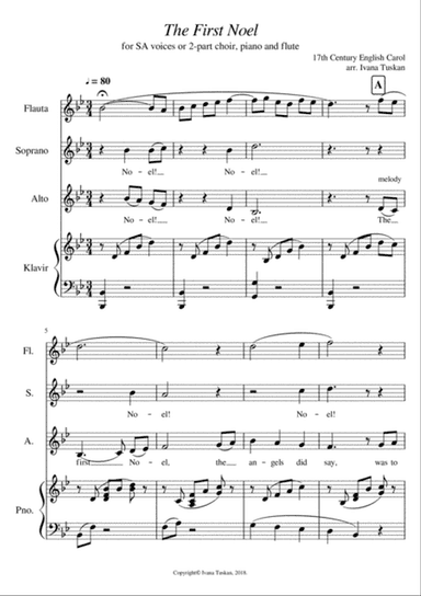 The First Noel for SA solo voices or 2 – part choir, piano and flute.