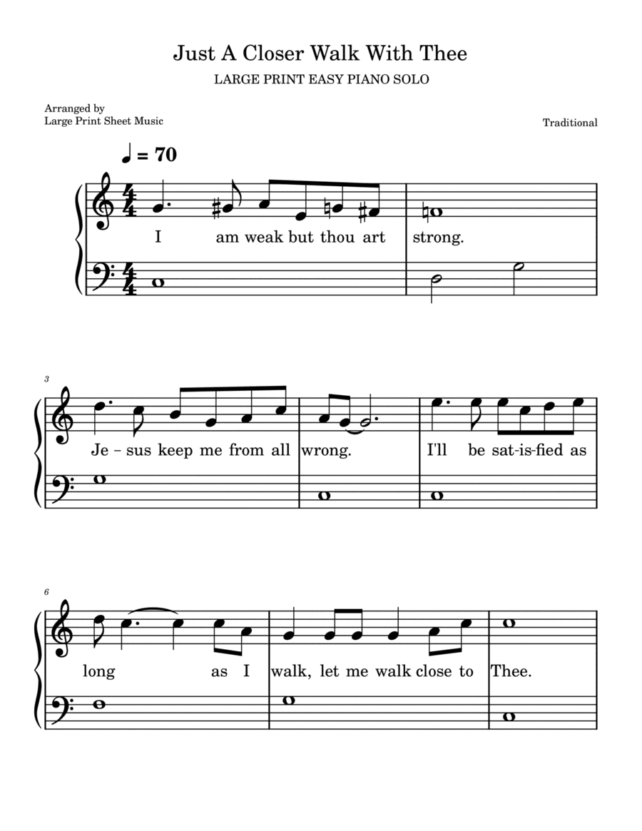 Just A Closer Walk With Thee | LARGE PRINT HYMN | Easy Piano Solo
