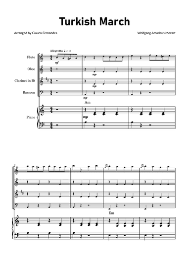 Turkish March by Mozart - Woodwind Quartet with Piano and Chord Notations