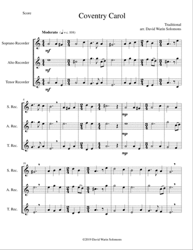 Coventry Carol for recorder trio (soprano, alto, tenor)