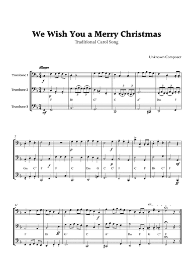 We Wish you a Merry Christmas for Trombone Trio with Chords