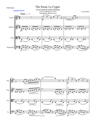 The Swan, LE CYGNE - String Quartet, Early Intermediate Level for 2 violins, viola and cello