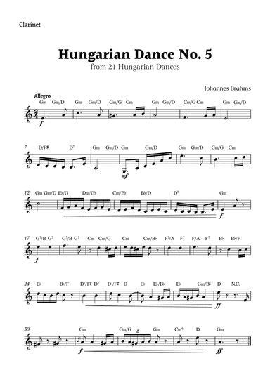 Hungarian Dance No. 5 by Brahms for Clarinet Solo with Chords