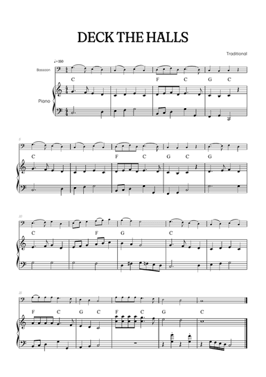 Deck the Halls for bassoon with piano accompaniment • easy Christmas song sheet music with chords