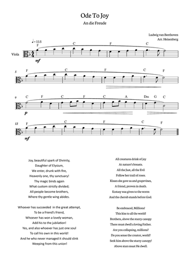 Beethoven - Ode To Joy for Viola with chords in F major