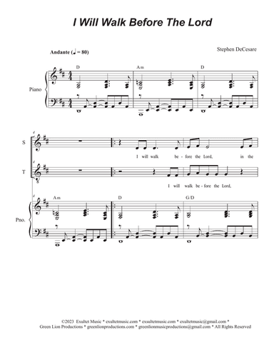 I Will Walk Before The Lord (2-part choir - (Soprano and Tenor)