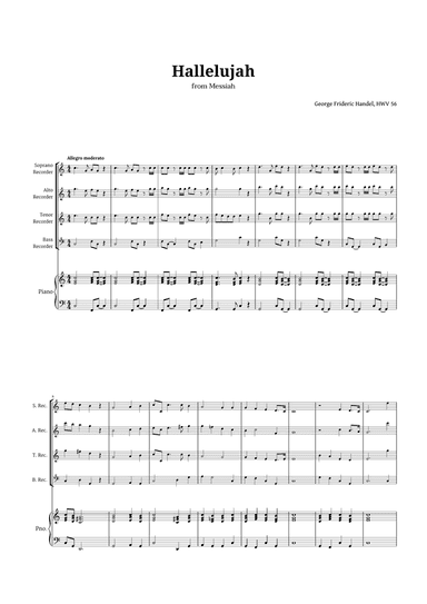 Hallelujah by Handel for Recorder Quartet and Piano