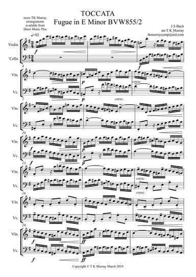 Bach - Toccata - Fugue in E Minor BWV855 - String Duo ( Violin, Cello )