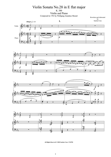 Mozart - Violin Sonata No.28 in E flat K 380 for Violin and Piano - Score and Part