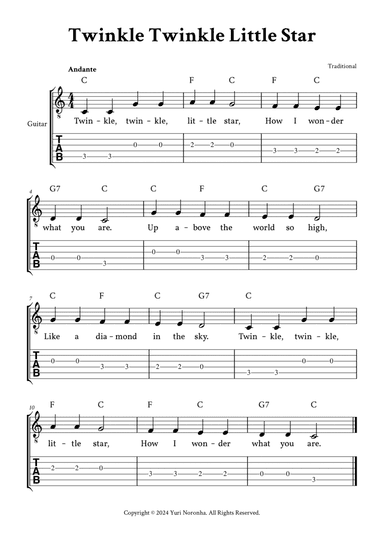 Twinkle Twinkle Little Star - (C Major - with TAB, Lyrics, Chords)