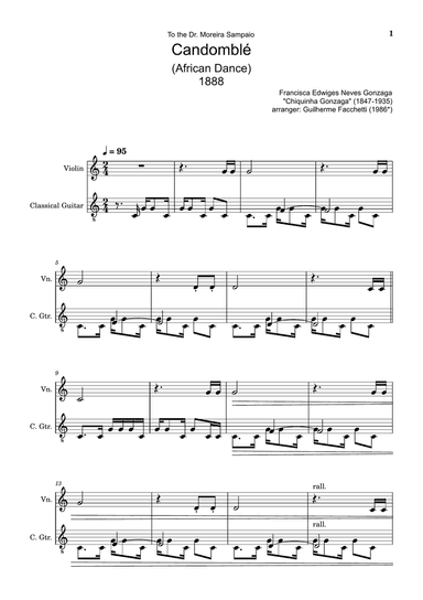 Chiquinha Gonzaga - Candomblé. Arrangement for Violin and Classical Guitar. Score and Parts