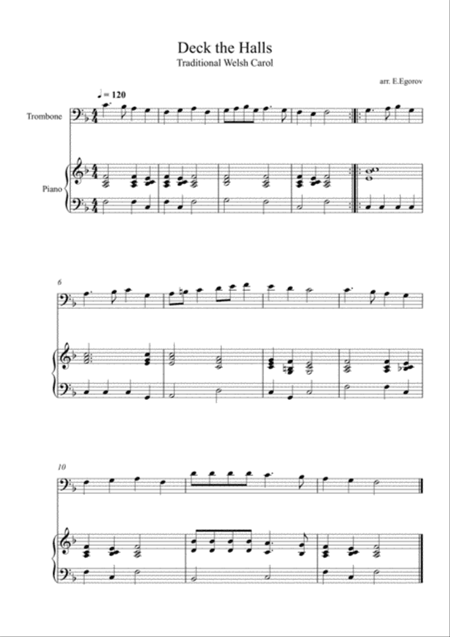 Deck the Halls, For Trombone & Piano