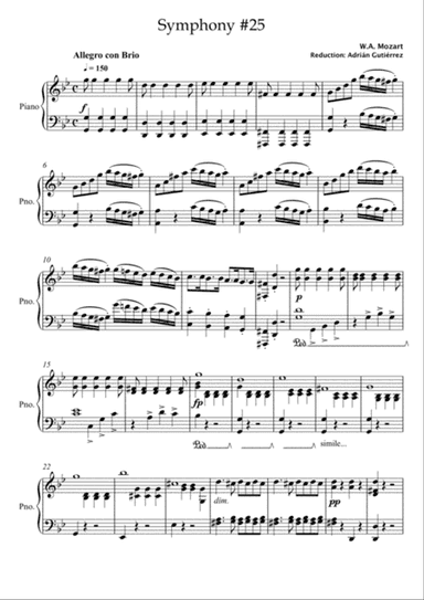W.A. Mozart 1 mov Symphony 25 piano reduction