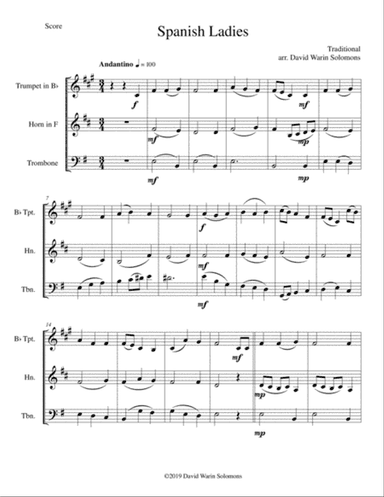 Spanish Ladies for brass trio (trumpet, horn, trombone)