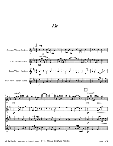 Air by Handel for Clarinet Quartet in Schools