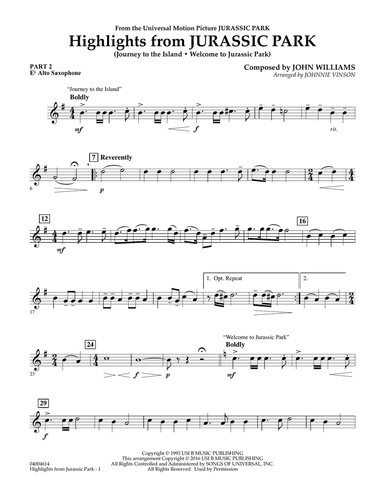 Highlights from Jurassic Park - Pt.2 - Eb Alto Saxophone