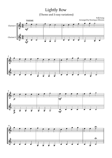 Lightly Row (Theme with 3 Easy Variations) - For Clarinet Duet