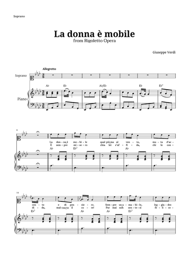 La donna è mobile in A-flat major for Soprano and Piano