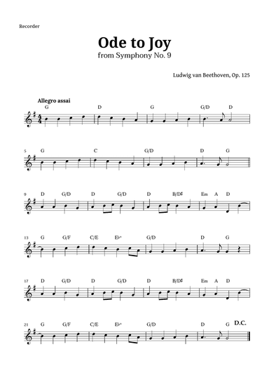 Ode to Joy by Beethoven for Recorder with Chords
